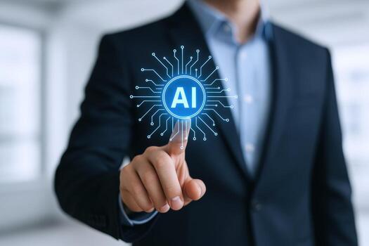 Businessman Touching AI Interface Futuristic Technology and Artificial Intelligence Concept for Business Innovation and Modern Solutions photo