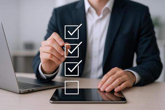 Businessman Completing Digital Checklist on Tablet with Pen, Modern Office Setting, Close Up photo