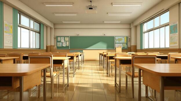 Bright and Clean Classroom Interior with Empty Desks and Green Chalkboard, Educational Environment photo