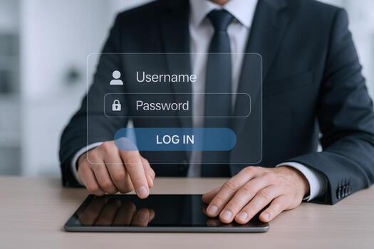 Businessman Using Login Screen on Tablet for Secure Access and Data Protection System photo