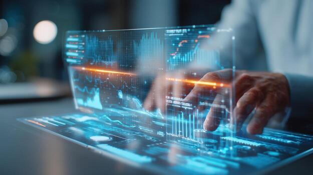 Advanced Technology Interface Man Interacting with Transparent Digital Display Featuring Data Visualization and Interactive Elements photo