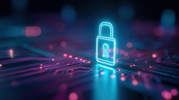 la seguridad cibernética bloquear icono en circuito tablero datos proteccion, cifrado y red seguridad concepto foto
