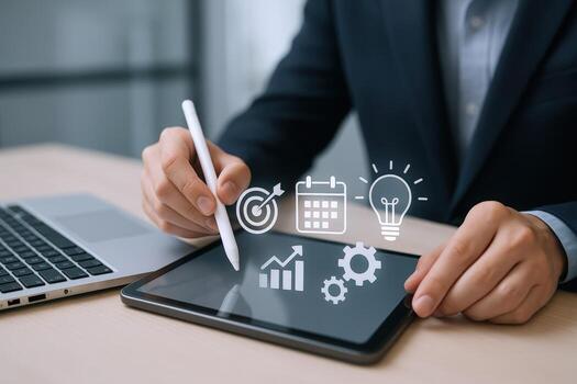 Digital Project Management Businessman Using Tablet for Planning, Strategy, and Goal Setting at the Office photo