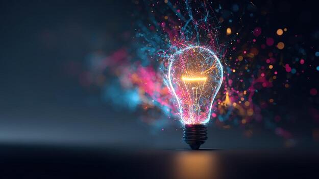 Glowing Lightbulb with Abstract Particles Innovation, Ideas, and Creative Solutions Concept photo