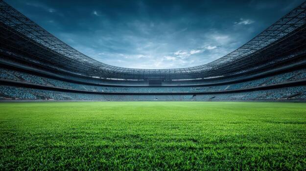 grandioso estadio ver con verde campo y nublado cielo, ideal para Deportes eventos y competiciones foto