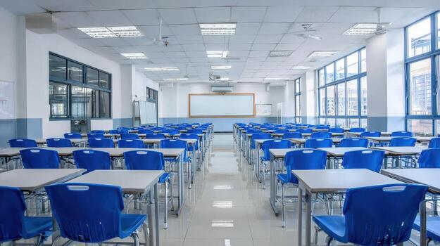 Bright, Empty Classroom with Blue Chairs, Desks, and Whiteboard Ready for Students and Education photo