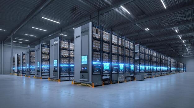 Futuristic Data Center with Rows of Servers and Blue Lights in a Modern Warehouse photo