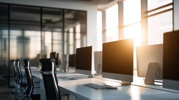 Modern Open Office Space with Computers, Desks, and Natural Light in a Business Environment photo