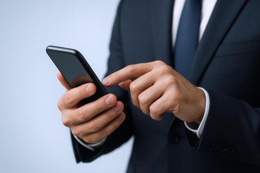 Businessman using smartphone, wearing formal attire, showcasing mobile technology for professional communication and connectivity photo
