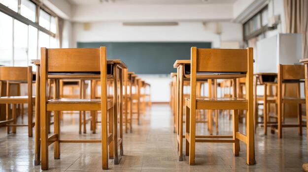 Empty Classroom with Wooden Desks and Chalkboard, Awaiting Students to Return, Education Concept photo