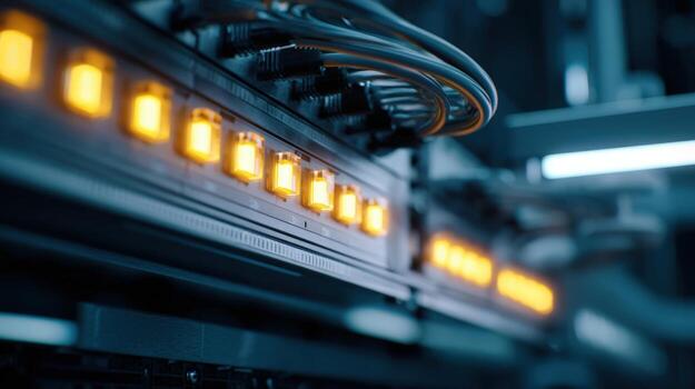 Network Hub with Cables Connected, Showing Data Transmission and Connectivity in a Server Room photo