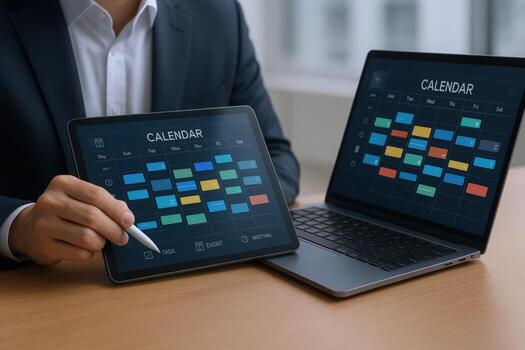 Managing Schedules A Businessman Visualizing Calendar Appointments on a Laptop and Tablet for Effective Planning photo