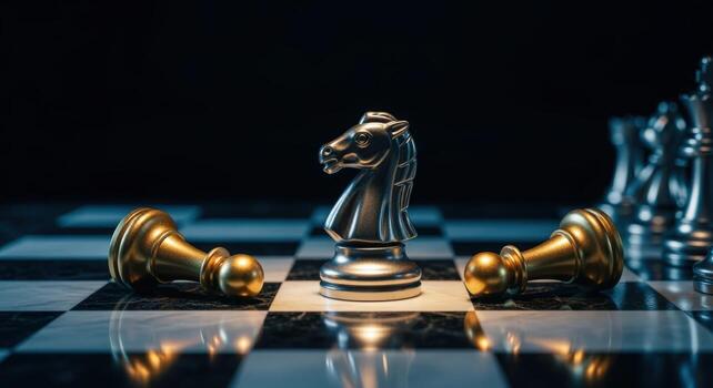 ajedrez Caballero victoria en a cuadros junta, estratégico juego, inteligencia desafío, y conceptual poder foto