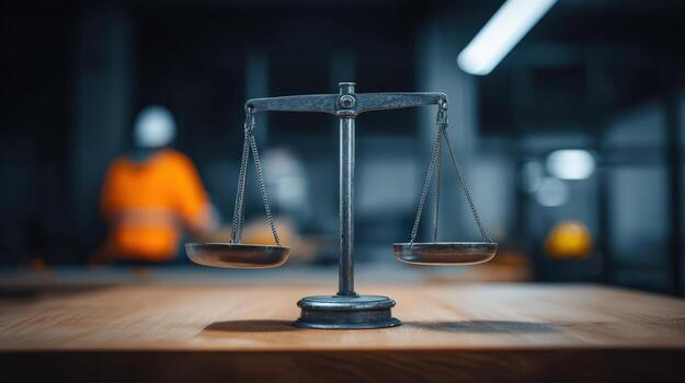Scales of Justice on Wooden Surface with Construction Worker in Background Depicting Fairness and Equity photo