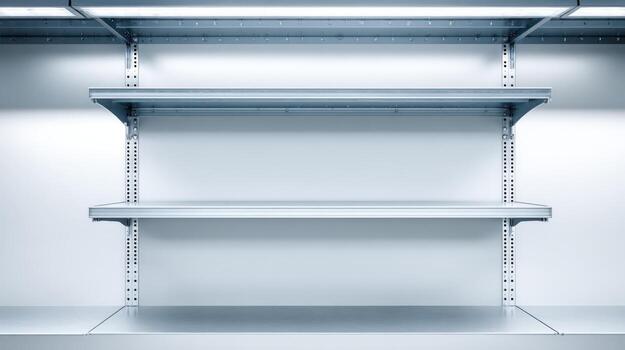 Empty Metal Shelves on White Wall Background, Retail Display Fixture for Product Placement, Mockup photo