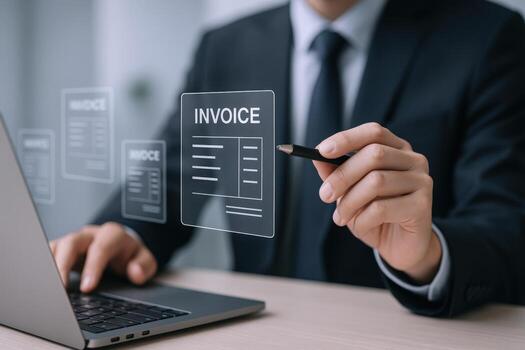 Business Professional Manages Invoices Online with Laptop, Streamlining Finances and Optimizing Business Accounting Processes photo