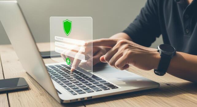 Online Security Shield Man Protecting Digital Data with Password on Laptop for Secure Access photo