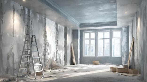 Renovation project, interior space showing plasterwork, ladder, window and boxes ready for restoration photo