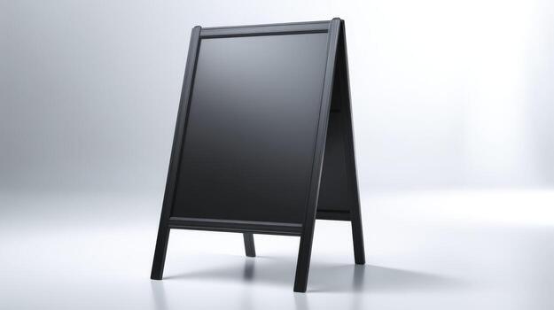 Black A-Frame Chalkboard Sign Mockup Display on White Surface, Ideal for Restaurant Menu Presentation photo