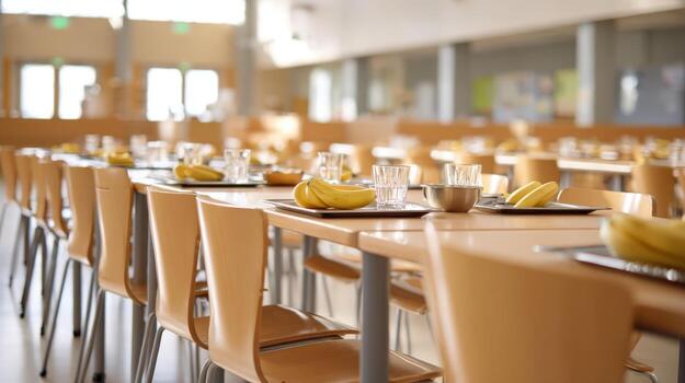Refectory Dining Hall Interior with Tables Set for Meal Service Featuring Bananas and Drinks photo