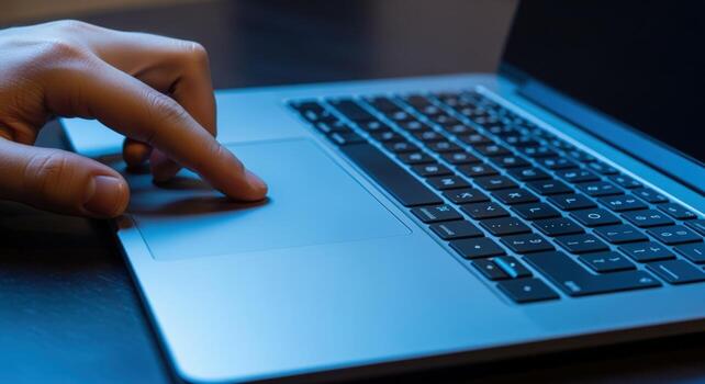 Close-up of a persons hand using a laptop touchpad for navigation and control photo