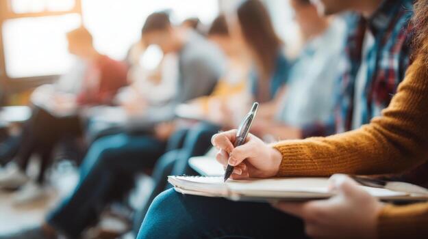 Close-up of Person Taking Notes in a University Classroom Full of Students Attending a Lecture photo