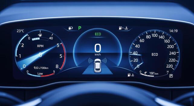 Modern Car Dashboard Displaying Speedometer, RPM Gauge, and Eco Mode for Automotive Technology and Safe Driving photo