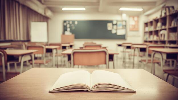 Empty Classroom with Open Book on Desk, Education and Learning Environment Concept photo