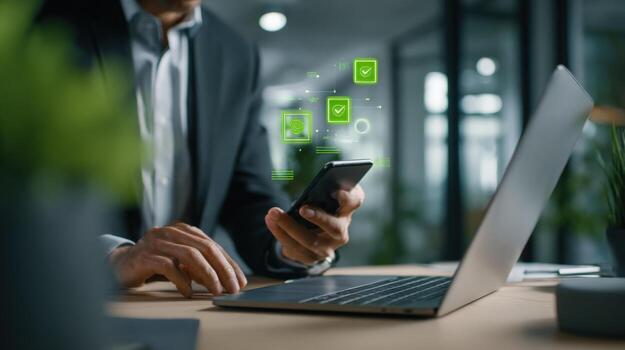 Businessman Using Smartphone with Augmented Reality Interface for Data Confirmation and Digital Workflow Management photo