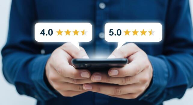 Customer Reviews on Mobile Device Displaying High Ratings and Positive Feedback, Highlighting Customer Satisfaction photo