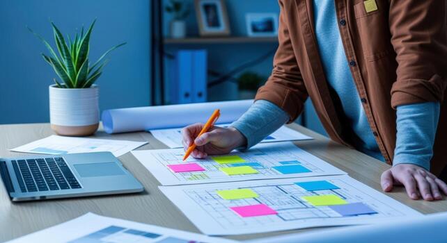 UX Designer Mapping User Flow with Sticky Notes on Desk in Modern Office photo