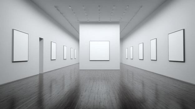 Modern Art Gallery Interior with Blank Frames for Mockups, Exhibitions, and Creative Presentations photo