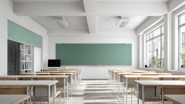 Bright Empty Classroom with Desks and Chalkboard Ready for Students and Learning photo