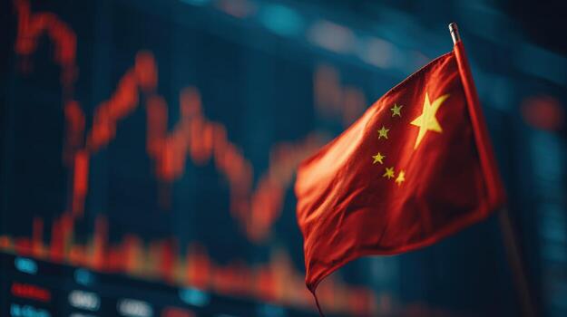 Chinas Economy Reflecting Stock Market Performance Financial Analysis with Red Flag against Blurred Graph Background for Global Investment photo