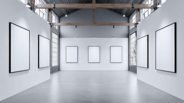 Modern Art Gallery Interior with Blank Frames for Exhibition, Stylish Space for Display photo