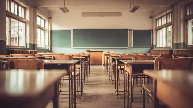 Empty Classroom with Rows of Wooden Desks and a Chalkboard, Ideal for Education Concepts photo