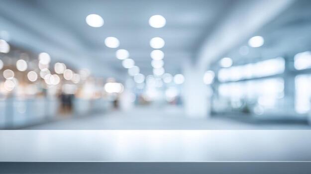 Blurred Office Interior with Countertop, Ideal for Product Mockups and Backgrounds Featuring Clean and Modern Design photo