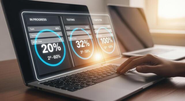 Business Analytics on Laptop Screen Showing Progress Dashboard with Rising Statistics and Data Visualization photo