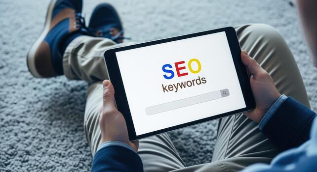 Man Holding Tablet Showing SEO Keywords Concept for Online Marketing and Digital Strategy photo