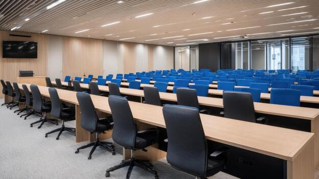 Empty Modern Conference Room with Rows of Seats and Desks Ready for Attendees photo