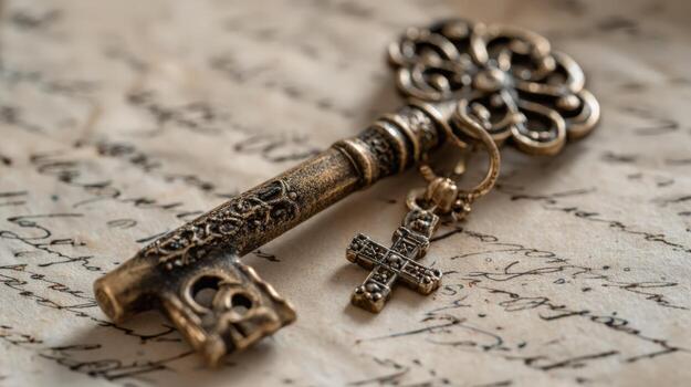 Ornate Antique Key with Cross Charm Resting on Textured Paper, Symbolizing Faith and Discovery photo