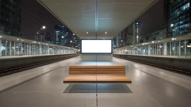 Modern Subway Platform with Blank Billboard and Bench at Night, Cityscape View photo