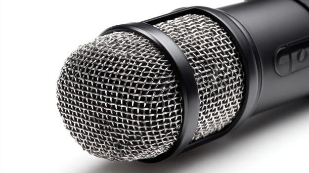 Studio microphone, close-up view, audio recording equipment for professional broadcast and performance, against white background photo