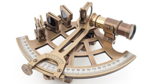 Antique Navigation Sextant Instrument for Celestial Navigation and Position Finding, Isolated on White Background, Precision Measuring Tool photo