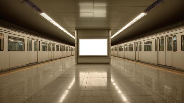 Subway Station Platform with Blank Advertisement Billboard and Two Trains for Mockup in an Urban Environment photo