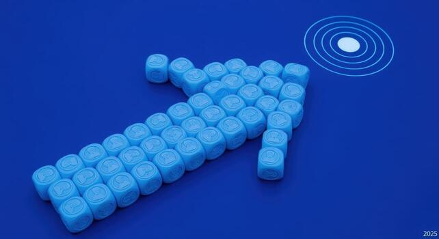 Blue Arrow Made of Cubes Pointing to Target, Symbolizing Business Strategy and Achievement photo