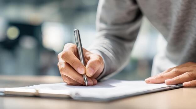 Man signing document on clipboard, focusing on paperwork and contract details with blurred background photo