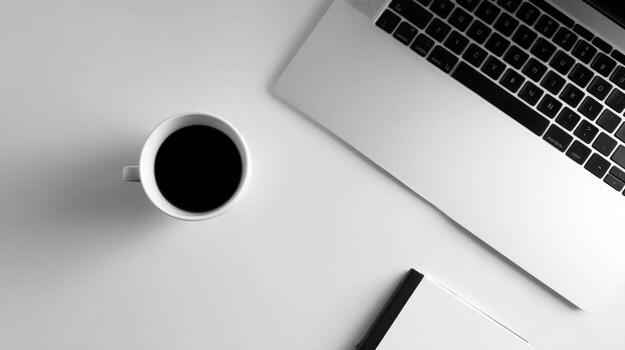 Workspace Flat Lay Coffee, Laptop, and Notebook on White Desk for Remote Work photo