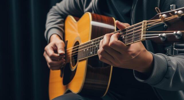 Man Playing Acoustic Guitar, Close-Up on Hands and Fretboard for Music, Entertainment, and Performance Concepts photo