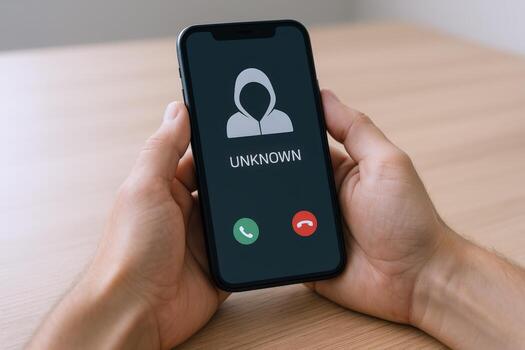 Smartphone displaying unknown caller ID on screen, representing scam call and potential cybercrime and threat photo